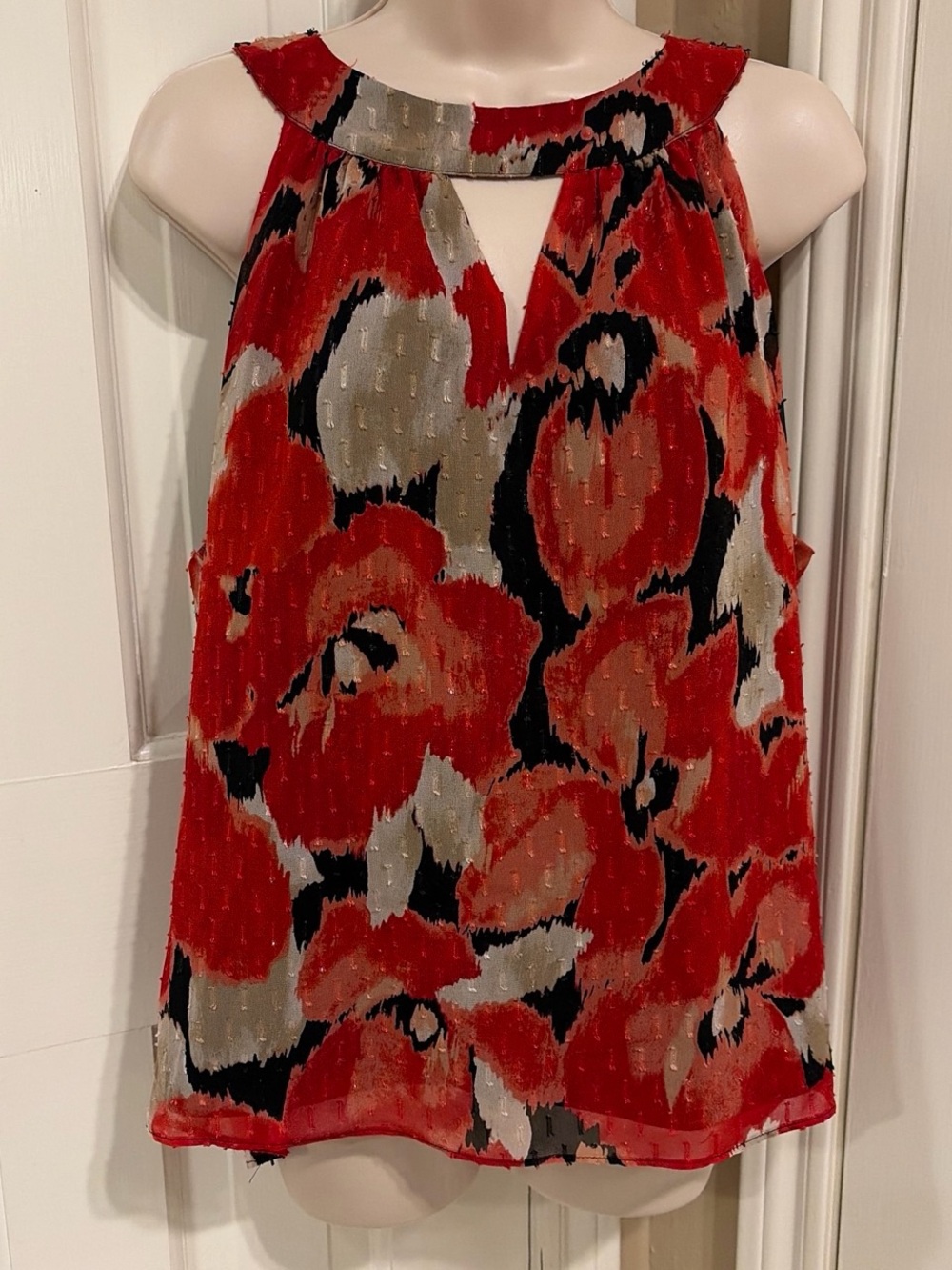 White House Black Market Red, Black Floral Halter top size 14